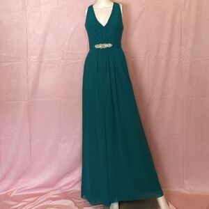 Jenny Packham Bridesmaid Jade Green Luxe Chiffon V Neck Beaded Belt Dress Size 0